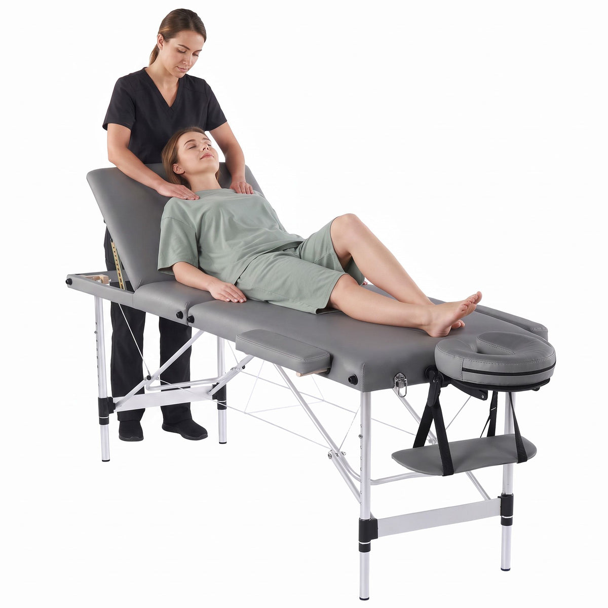 Zenses 3-Fold Portable Massage Table 60cm Adjustable Backrest & Height, Aluminium Beauty Bed Grey