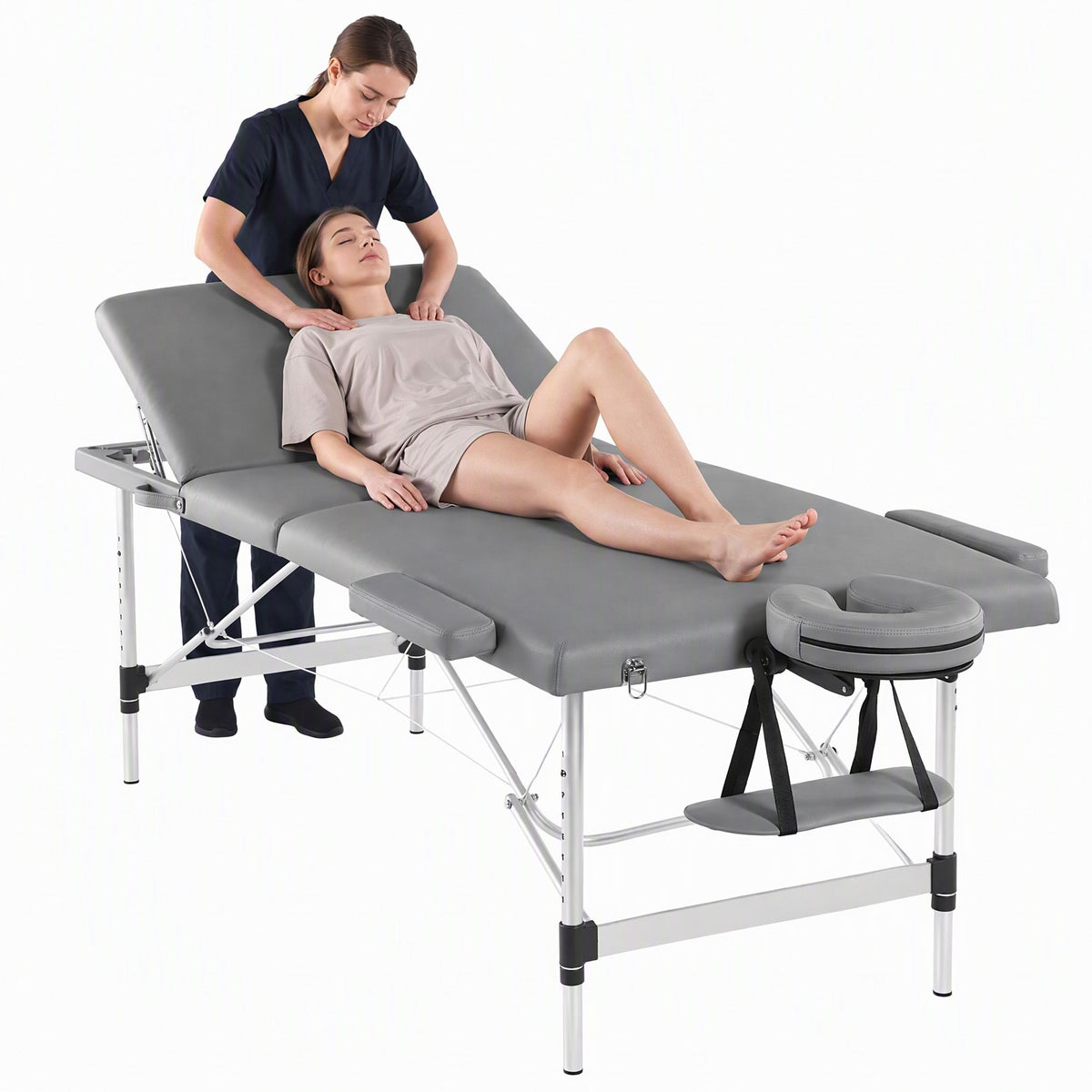 Zenses 3-Fold Portable Massage Table 80cm Adjustable Backrest & Height, Aluminium Beauty Bed Grey
