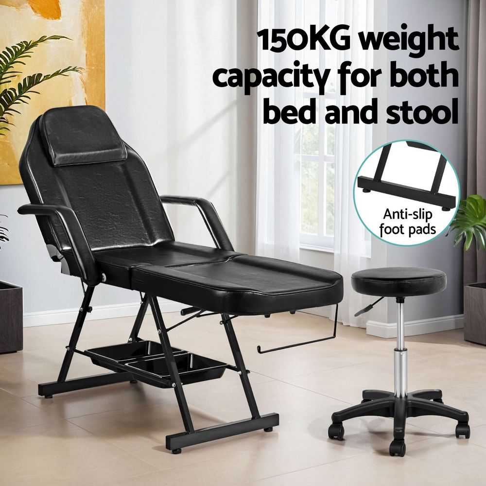 Zenses Beauty Bed with Stool, Black, Adjustable Facial Massage Table, Tattoo Chair, Salon Services