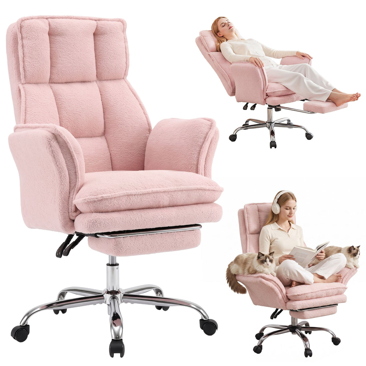 Artiss Big & Tall Criss Cross Office Chair with Flip Armrests Foot Rest Reclining Teddy Fleece Pink