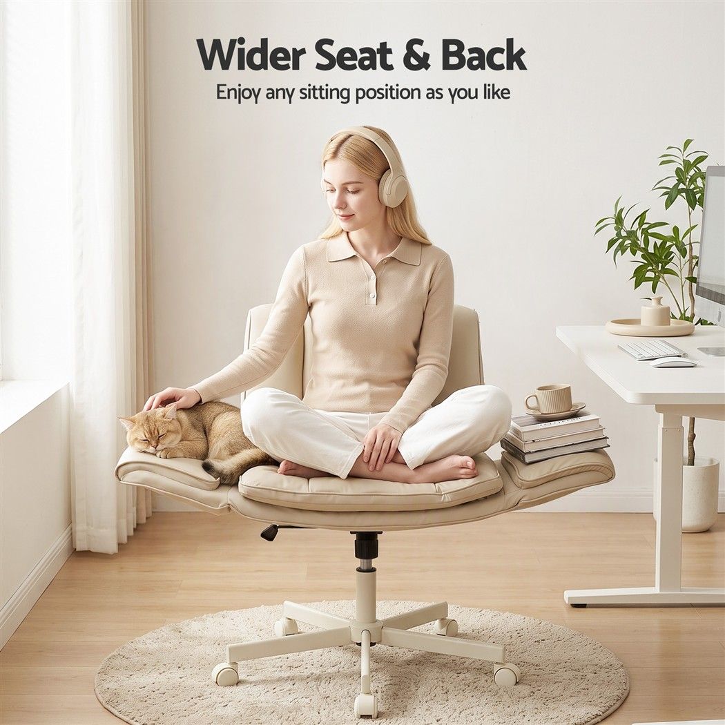 Artiss Cross Legged Office Chair PU Leather Swivel Vanity Chair Wide Seat Adjustable Arms Beige