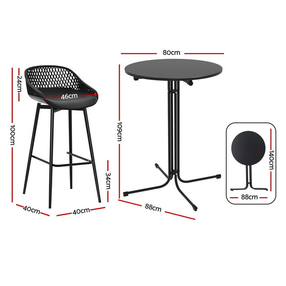 Gardeon 3PC Outdoor Bar Set Stools Dining Chairs Table Patio Furniture Bistro Set Black