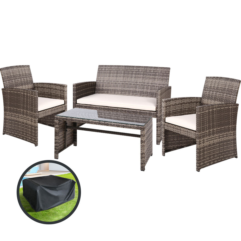 Gardeon 4 PCS Outdoor Lounge Setting Wicker Sofa Set Grey Storage Cover