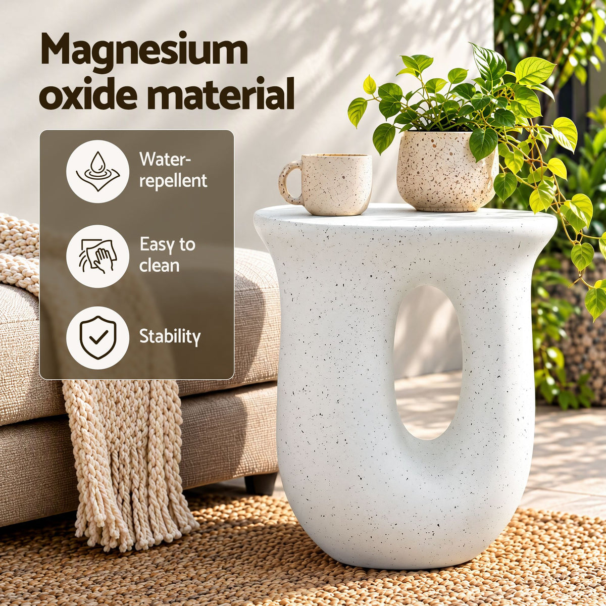 Gardeon Outdoor Side Table MGO Arch Cutout Garden Stool Stone Look White