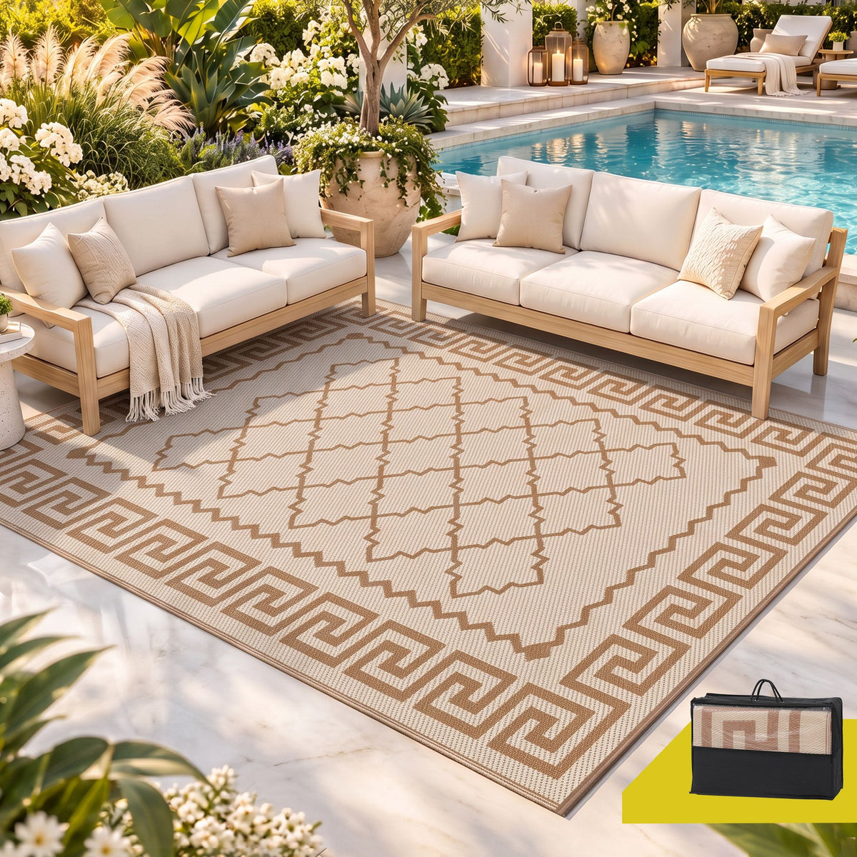 Gardeon Outdoor Rugs 274x366cm Large Carpet Reversible PP Dual-Sided Area Mat Patio Rug Khaki