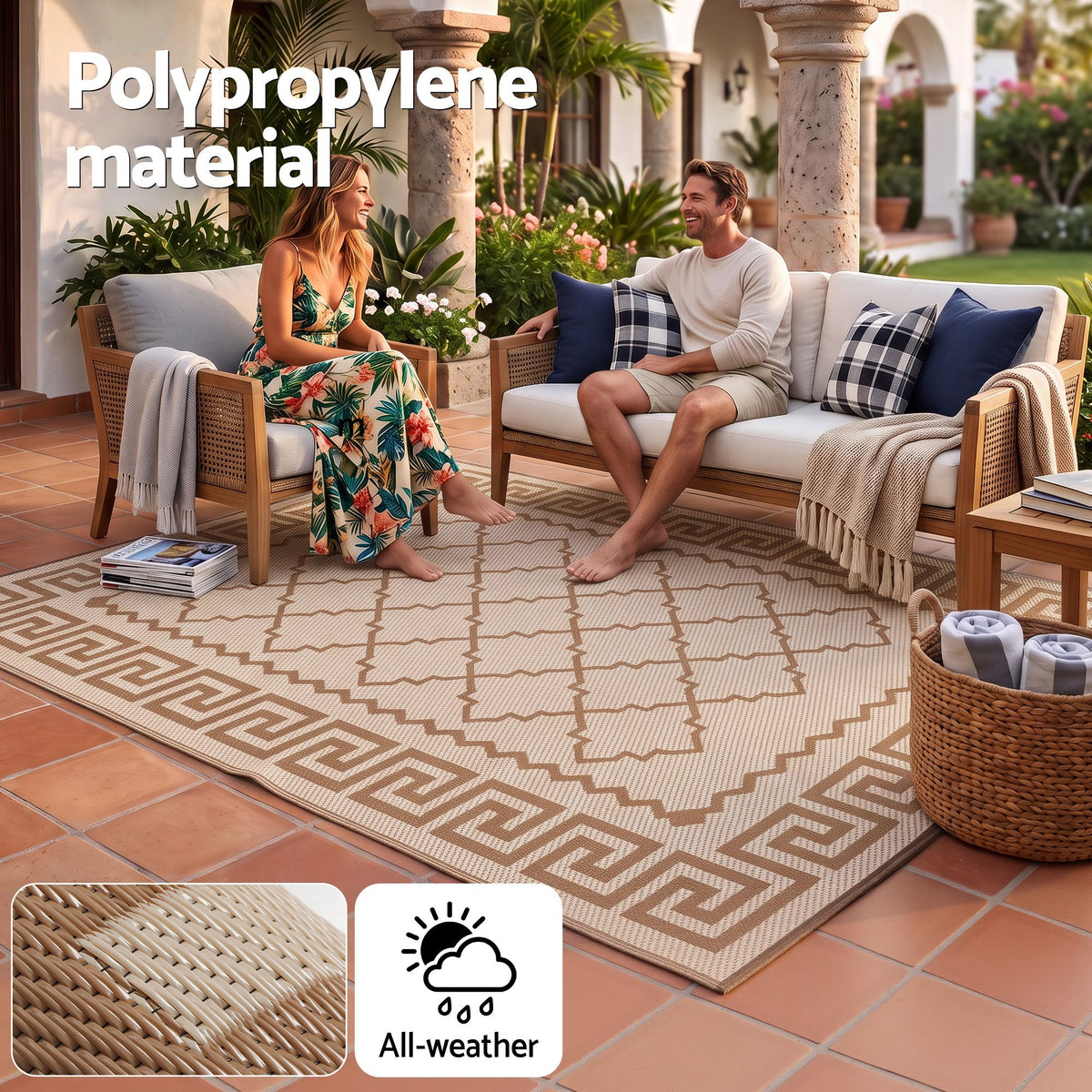 Gardeon Outdoor Rugs 274x366cm Large Carpet Reversible PP Dual-Sided Area Mat Patio Rug Khaki