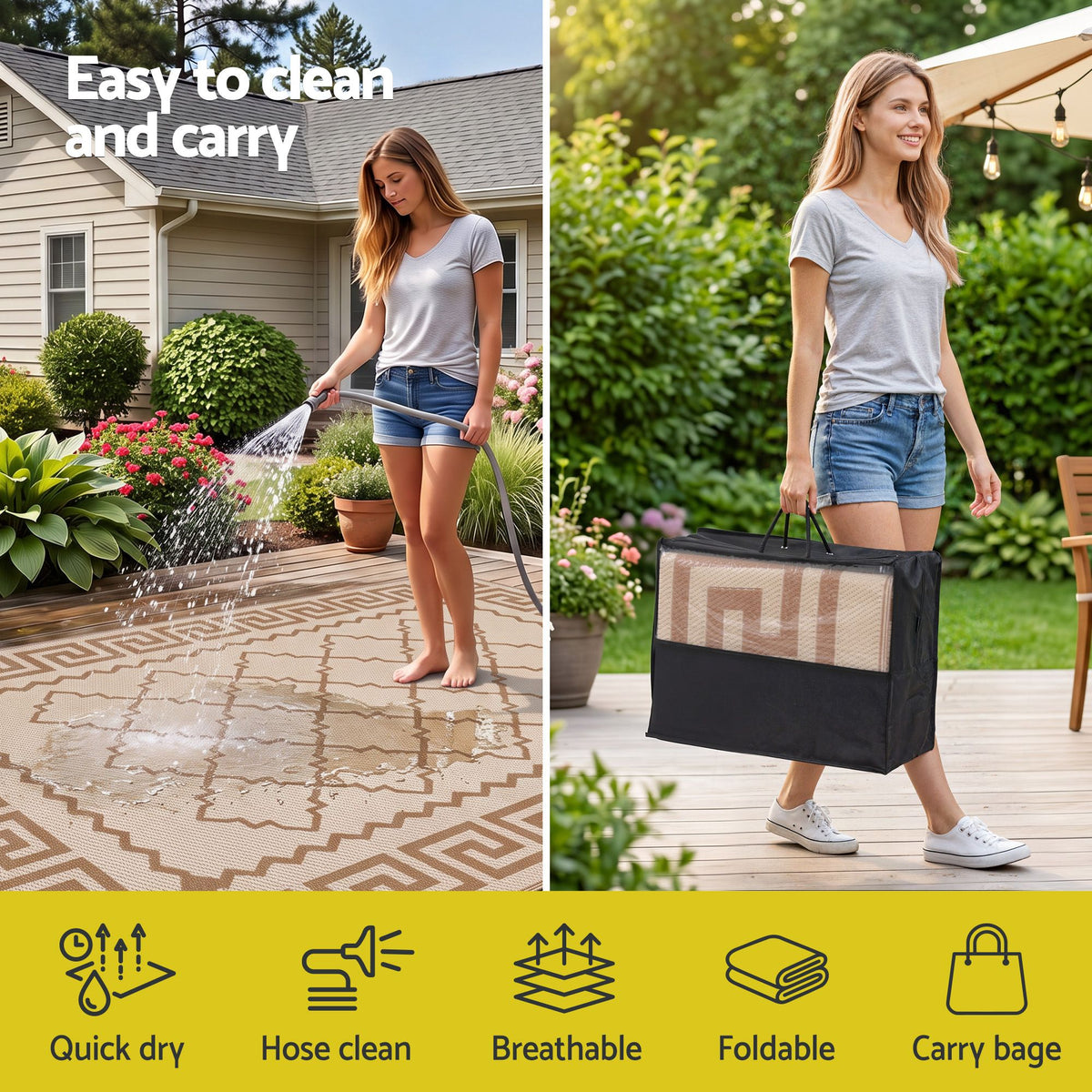 Gardeon Outdoor Rugs 274x366cm Large Carpet Reversible PP Dual-Sided Area Mat Patio Rug Khaki