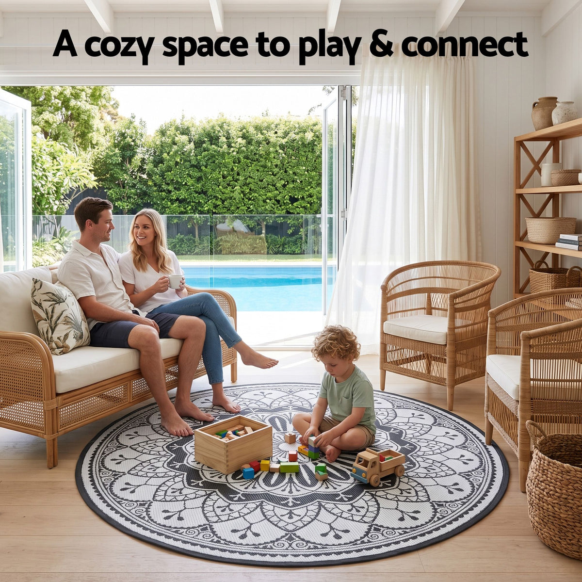 Gardeon 180CM Outdoor Rug Reversible Carpet PP Area Mat Patio Rugs Round Grey