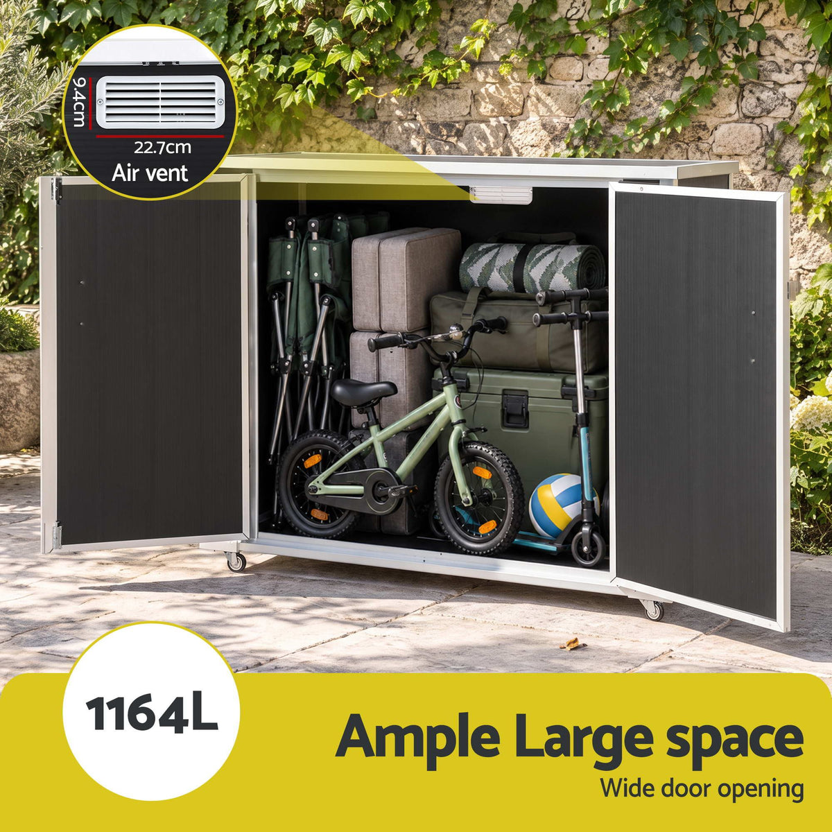 Gardeon Outdoor Storage Box 1164L Garden Shed 5 Wheels Lockable Cabinet Tool Organizer Dark Grey