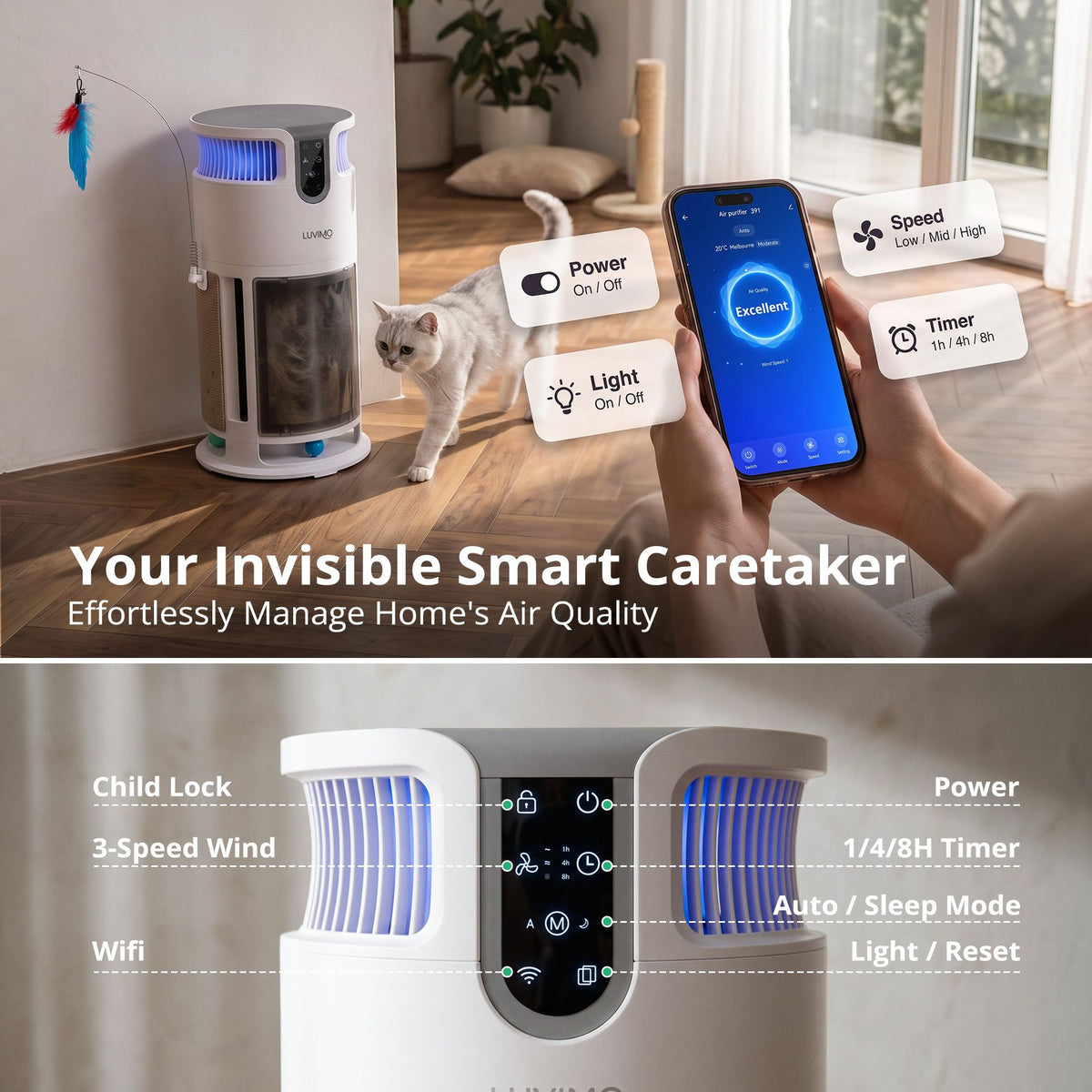 LUVIMO Pet Air Purifier H13 HEPA Smart Air Cleaner CADR 350 w/ Cat Toys for Home