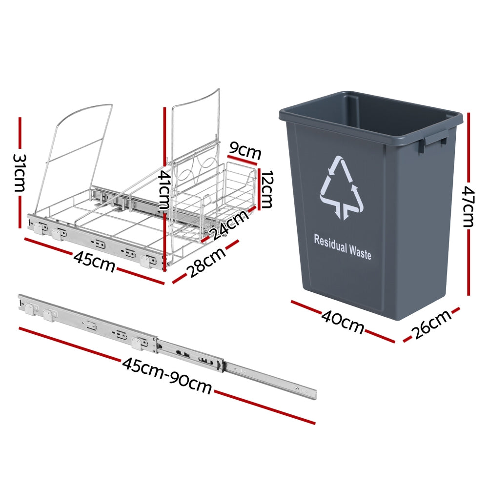 Cefito Pull Out Bin Kitchen Cabinet Slide Garbage Rubbish Bins Basket 40L Grey