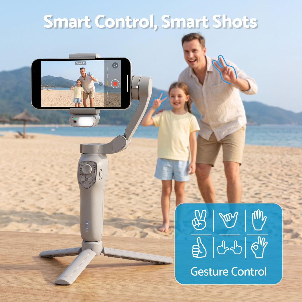 Devanti 3-Axis Handheld Gimbal Stabilizer for Smartphone & Tripod AI Tracking Fill Light