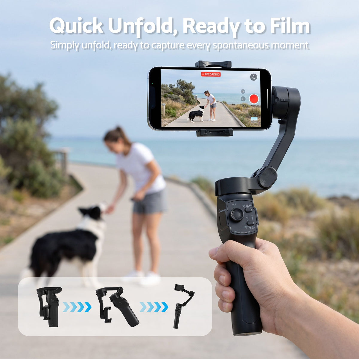 Devanti 3-Axis Gimbal Stabilizer with Tripod for Smartphone, Foldable Selfie Stick