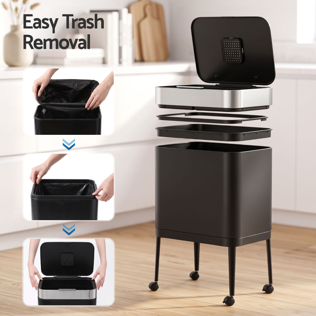 Cefito 40L Press Top Trash Can Kitchen Rubbish Bin Moblie Stainless Steel Black