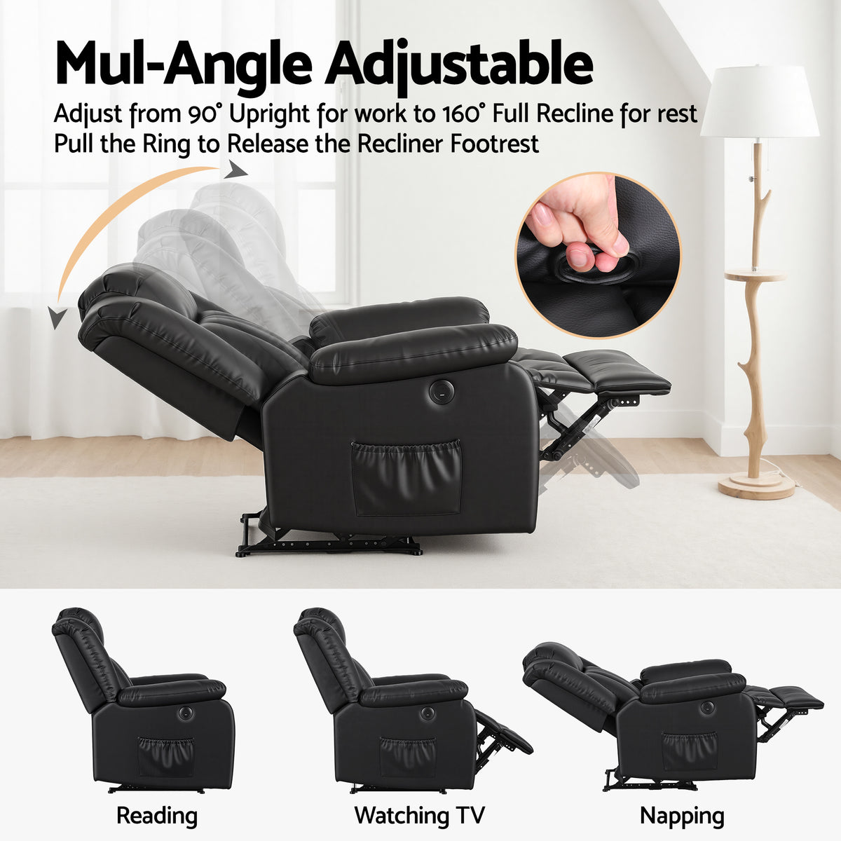 Artiss Manual Massage Recliner Chair for Living Room, Leather Sofa Lounge Reclining Chair with 2 USB Port, 160° Recline Reading Chair with 20CM Wide Armrests, 8 Point Vibration & Lumbar Heat, Black