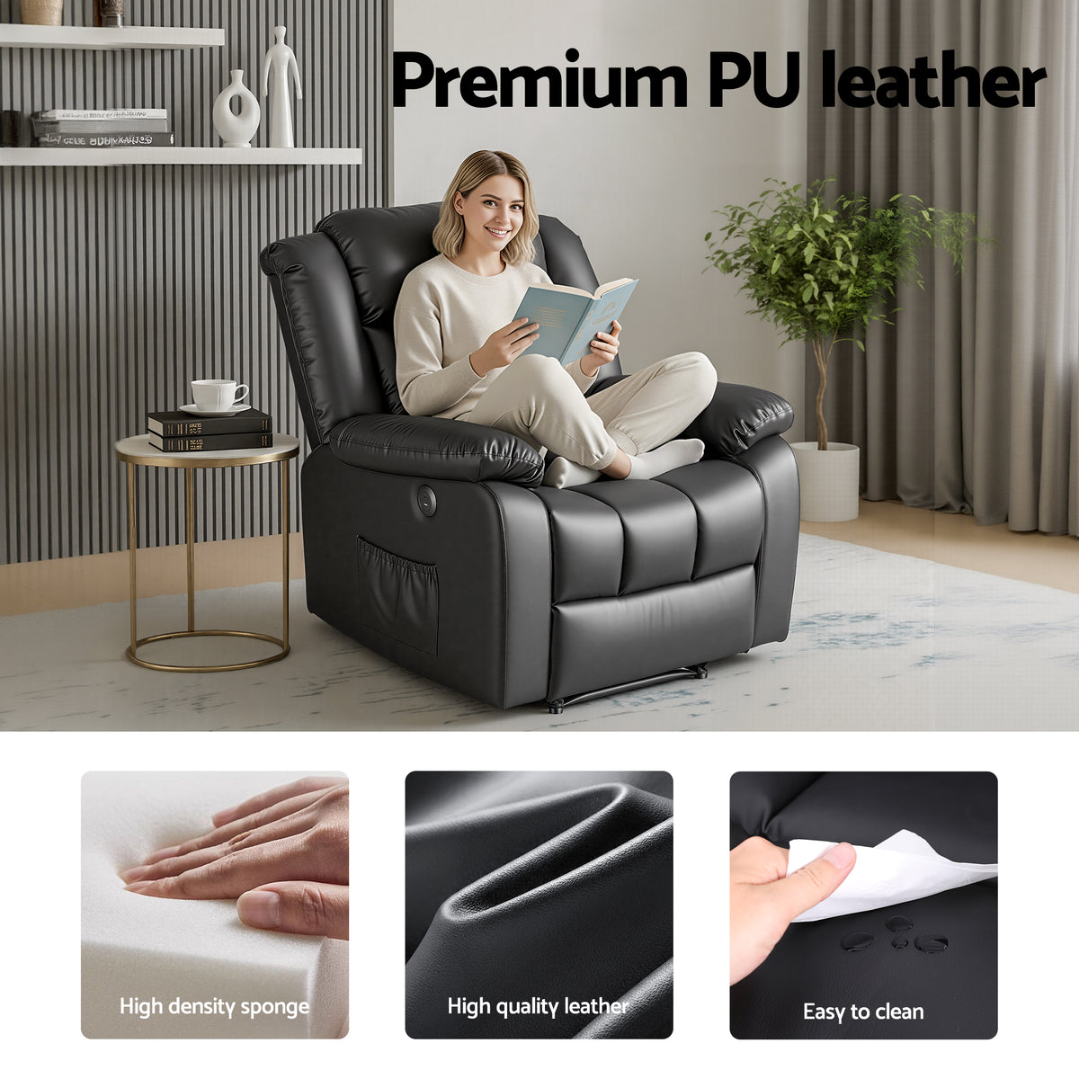 Artiss Manual Massage Recliner Chair for Living Room, Leather Sofa Lounge Reclining Chair with 2 USB Port, 160° Recline Reading Chair with 20CM Wide Armrests, 8 Point Vibration & Lumbar Heat, Black