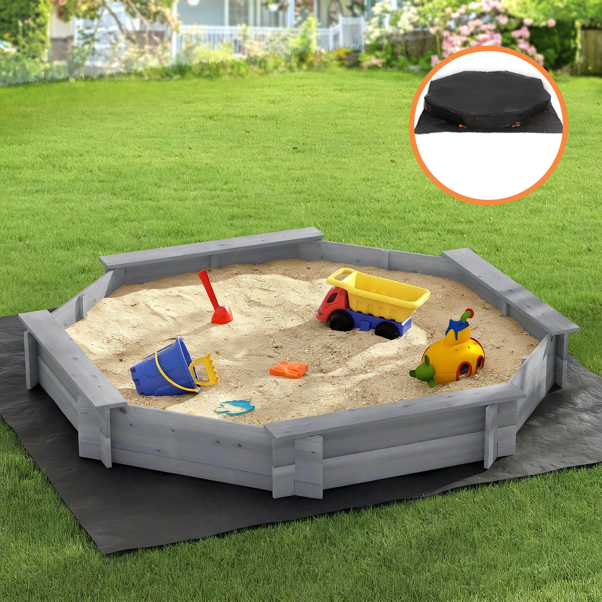 Keezi Kids Sandpit Wooden Round Sand Pit with Cover Bench Seat Beach Toys 182cm Grey
