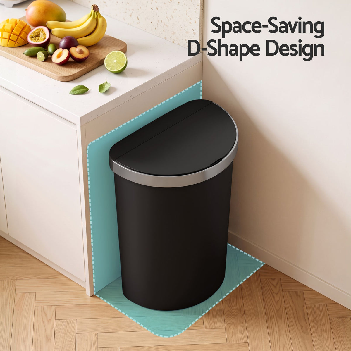 Devanti 50L Sensor Bin D-Shape Trash Can Kitchen Smart Rubbish Bin Black