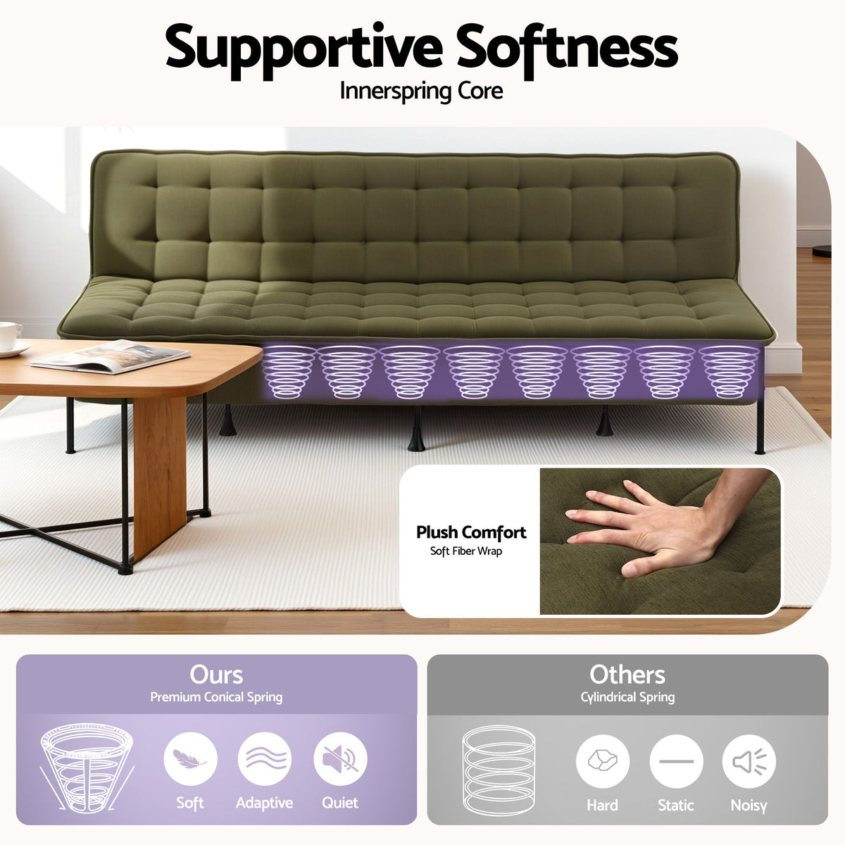 Artiss Sofa Bed, 1.9m 3-Seater Soft Innerspring Adjustable Couch Futon Chair for Apartment Dorm Living Room Office Study Bedroom, Green