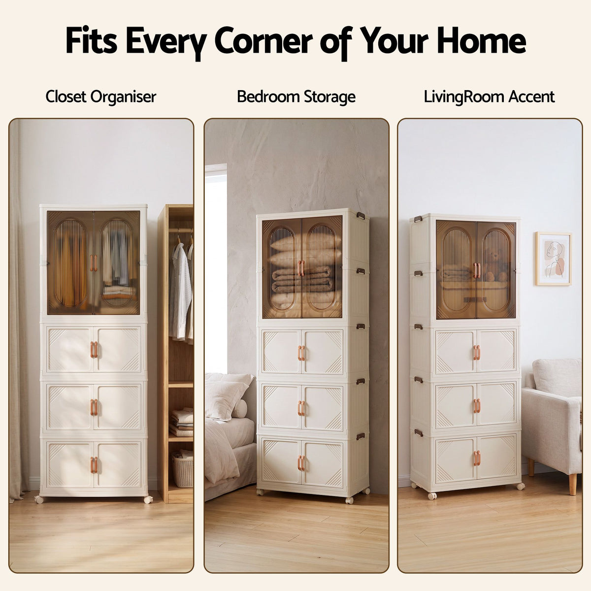Artiss Foldable Storage Cabinet Stackable Box Wardrobe Clear Magnetic Door White