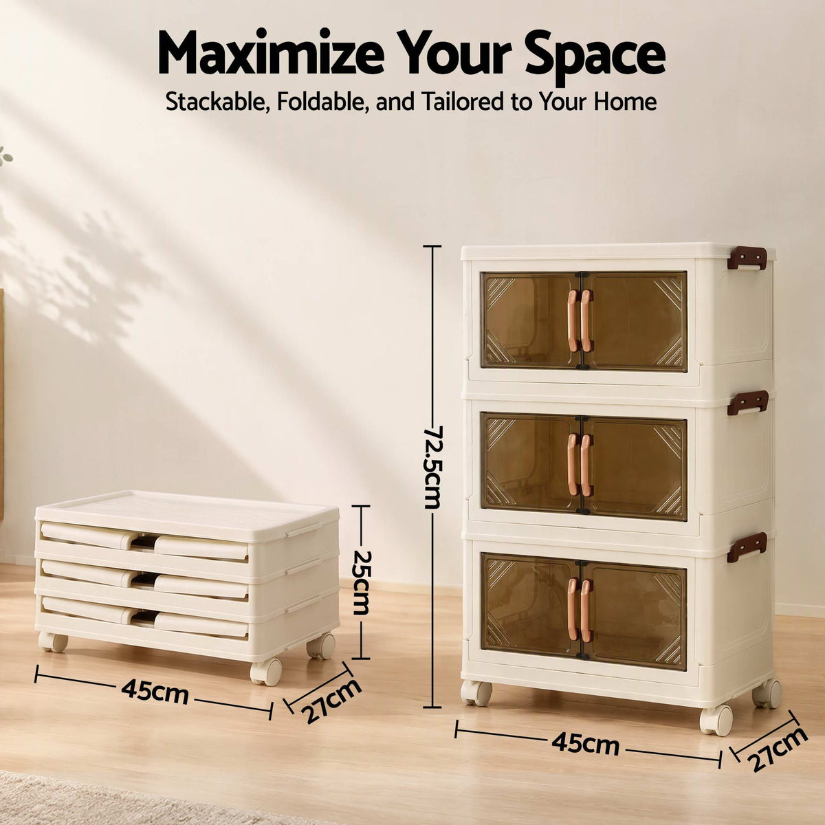 Artiss 3-Tier Foldable Storage Cabinet Stackable Box Clear Magnetic Door White