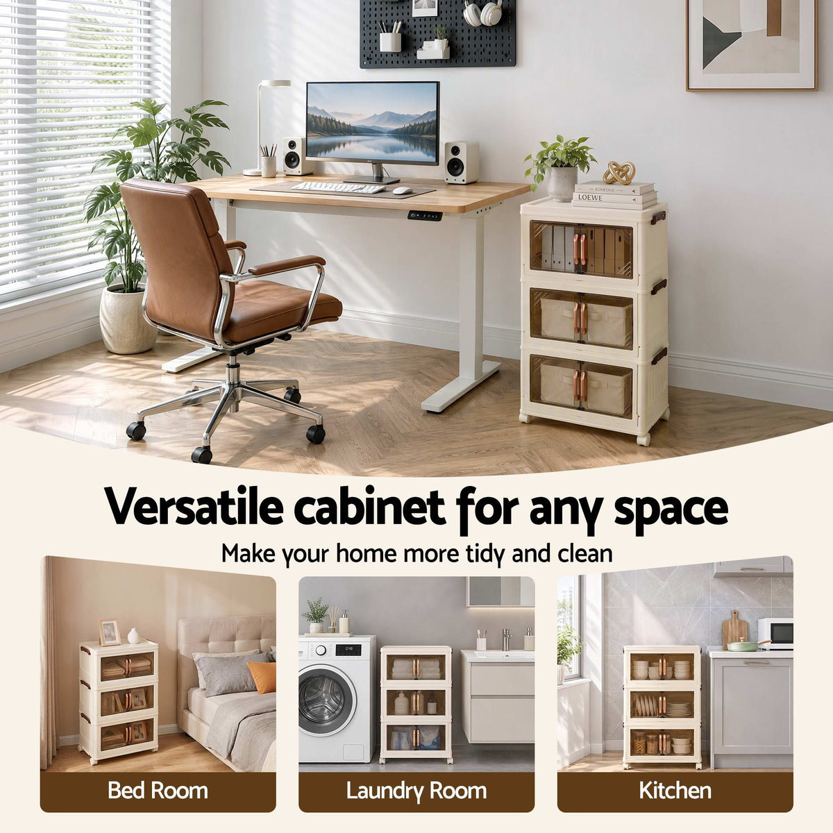 Artiss 3-Tier Foldable Storage Cabinet Stackable Box Clear Magnetic Door White