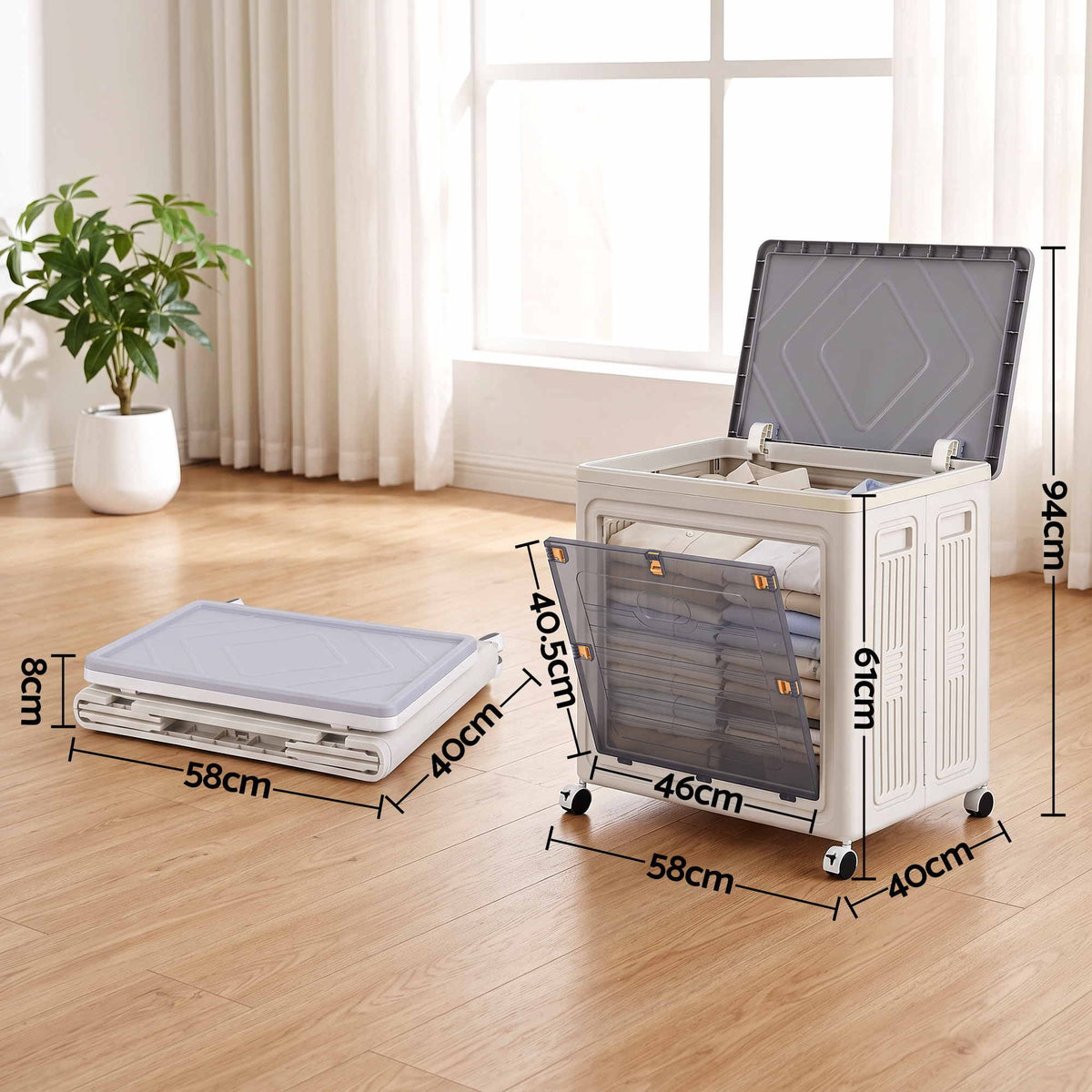 Artiss Foldable Storage Cabinet Stackable Box 2 Doors Rolling Organiser White