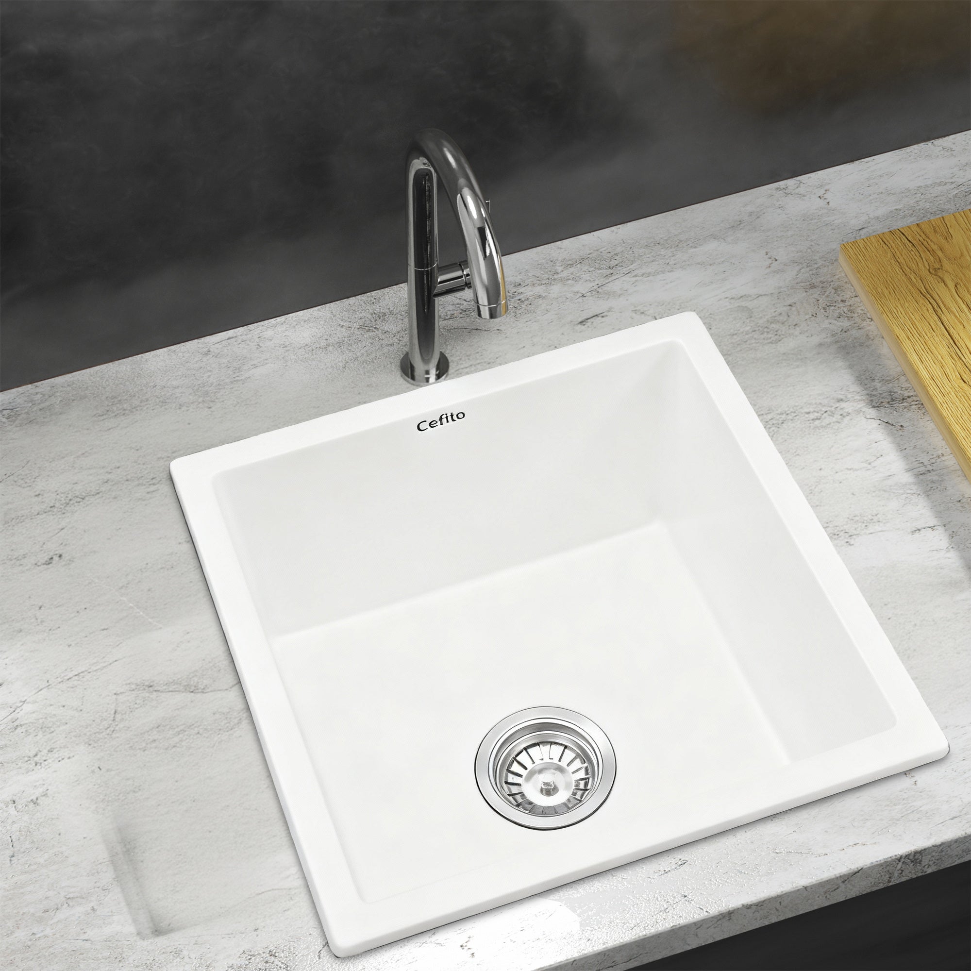 Cefito Kitchen Sink 45x45cm Granite Stone Sink Single Bowl White