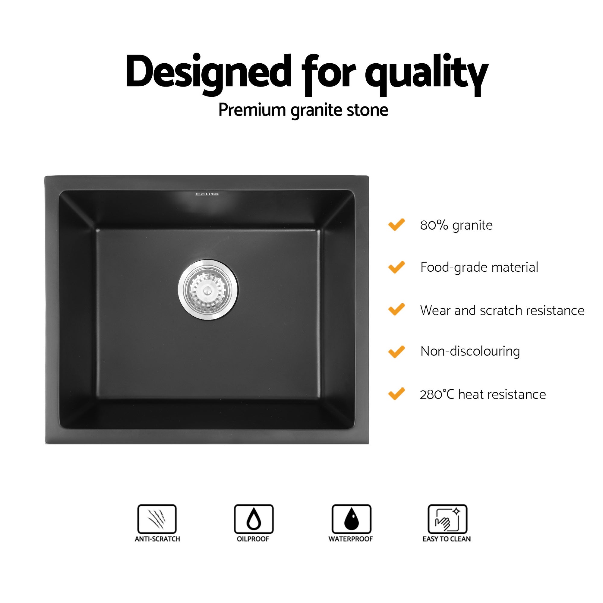 Cefito Kitchen Sink 55x45cm Granite Stone Sink Single Bowl Black