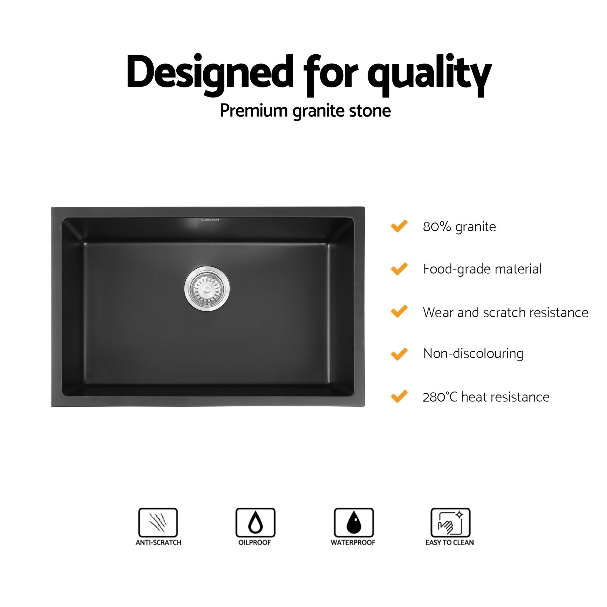 Cefito Kitchen Sink 70x45cm Granite Stone Sink Single Bowl Black