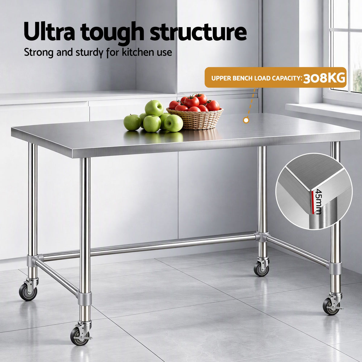 Cefito 1524x762mm Stainless Steel Kitchen Bench w/ Splashback Work Table Prep Bench Commercial 430