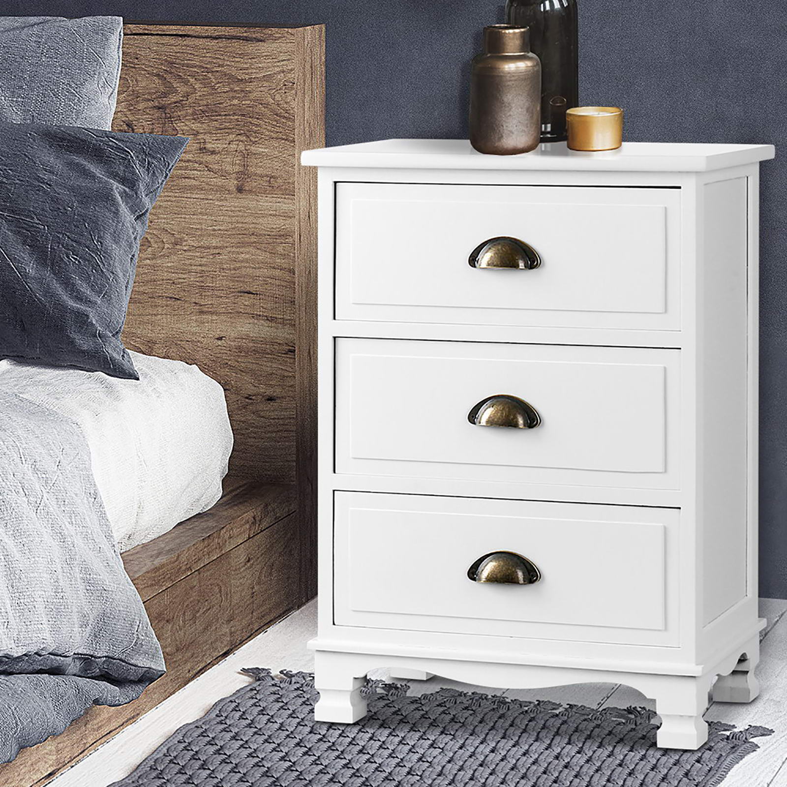 Artiss 2x Bedside Table 3 Drawers Vintage - THYME White
