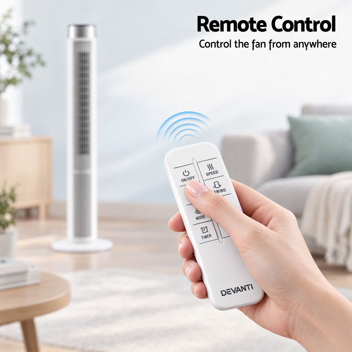 Devanti Tower Fan with Remote Control, 3 Speed 3 Mode 7.5h Timer, White