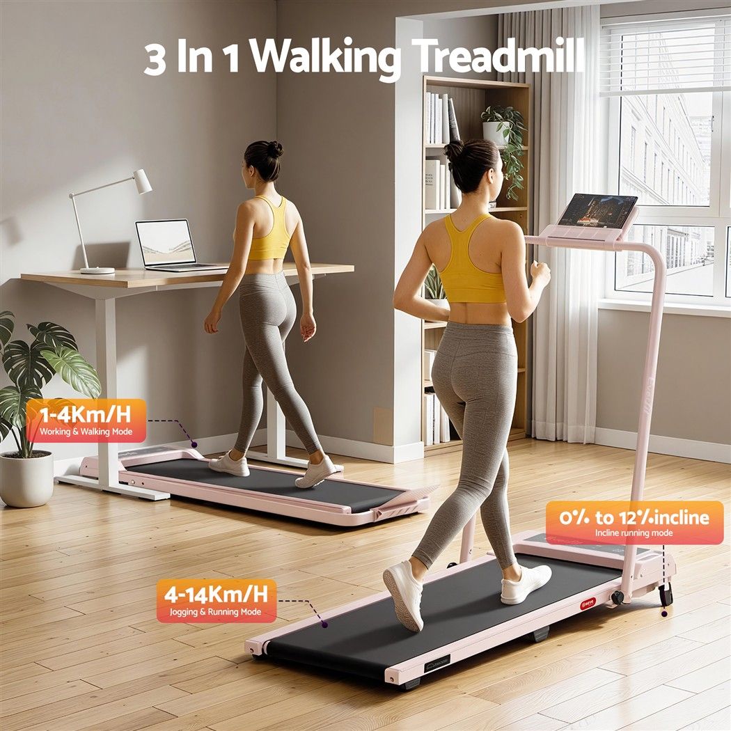 Everfit 3 in 1 Walking Pad Treadmill 12% Incline Foldable Under Desk Treadmills for Home Gym With 40cm Wide Belt Pink