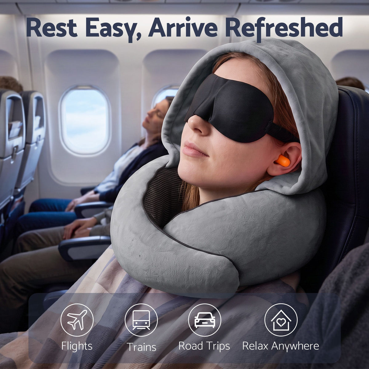 Wanderlite Hooded Travel Neck Pillow for Airplane Memory Foam with Eye Mask Earplugs, Dark Grey