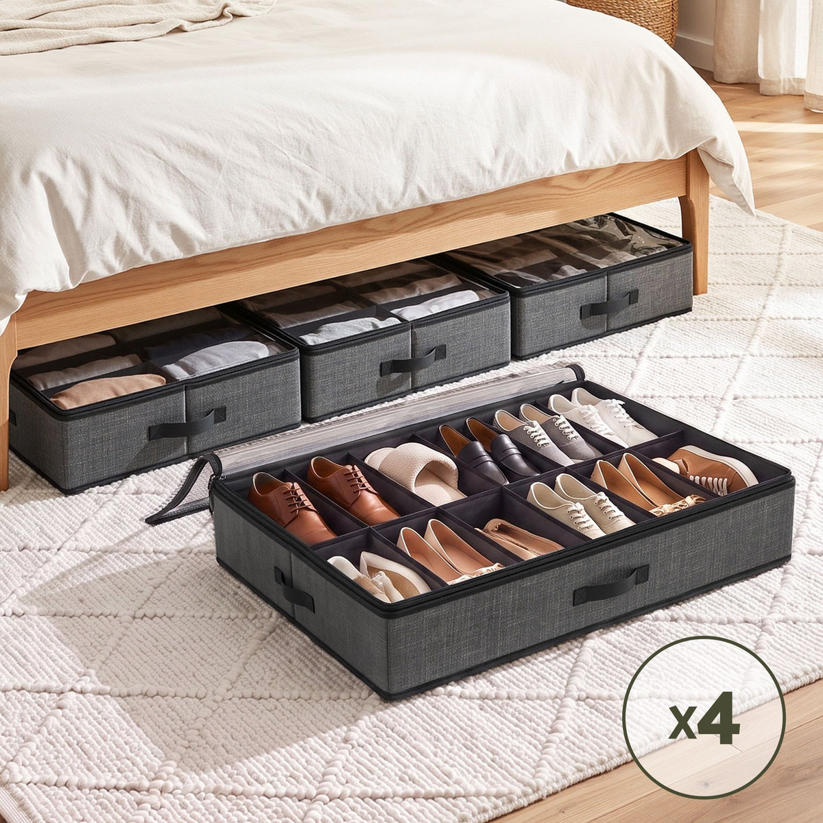 Artiss Under Bed Shoe Storage Containers X4 Box Organiser 12 Pairs Fabric Grey