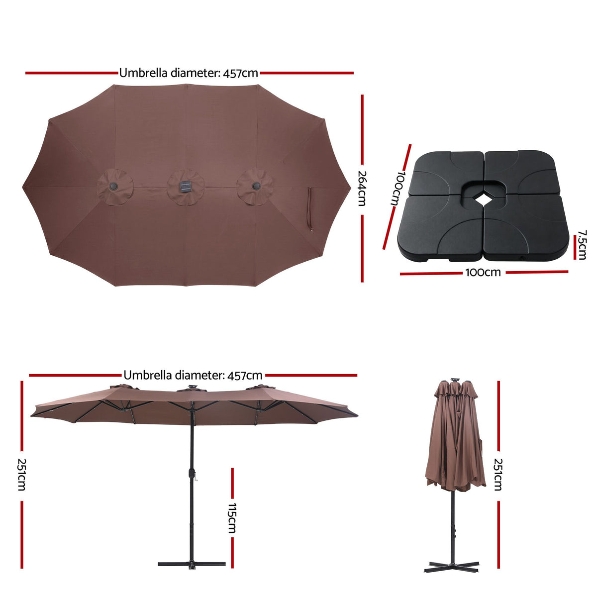 Instahut Outdoor Umbrella w/Base 4.57m Solar 48 LED Double-Sided Patio Parasol Brown