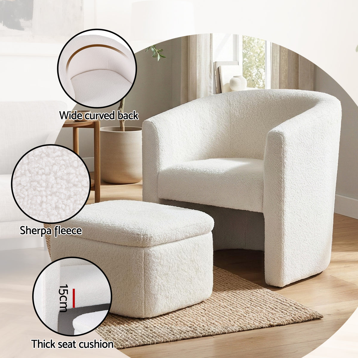 Artiss Armchair Accent Chair w/Ottoman Lounge Footrest Storage Boucle White