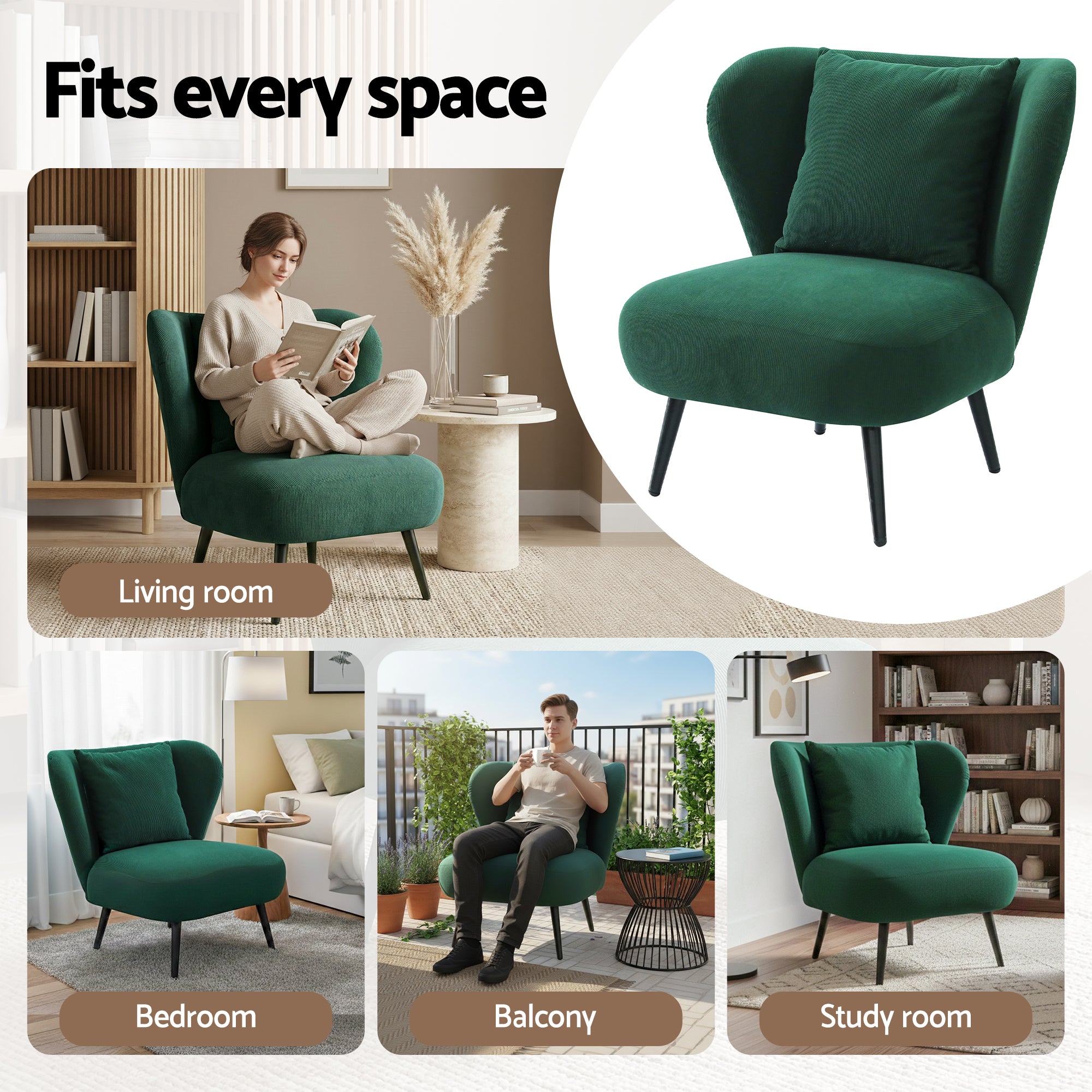 Artiss Armchair Accent Chair Lounge Tub Sofa Couch Corduroy Velvet Green