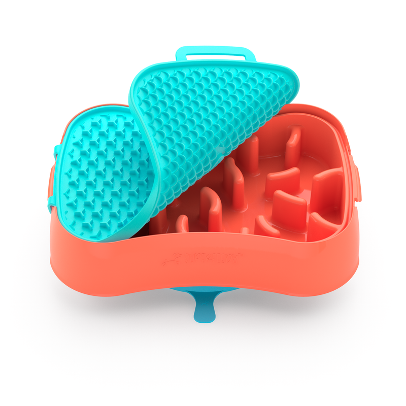 4-in-1 Slow Feeder Dog Bowl - Warm Ocean Red Bowl with Teal Lickmat