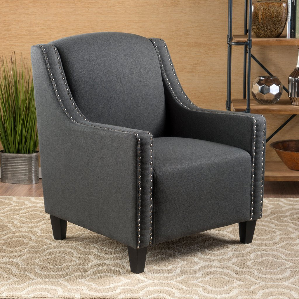 Camden Linen Fabric Studded Armchair in Dark Grey