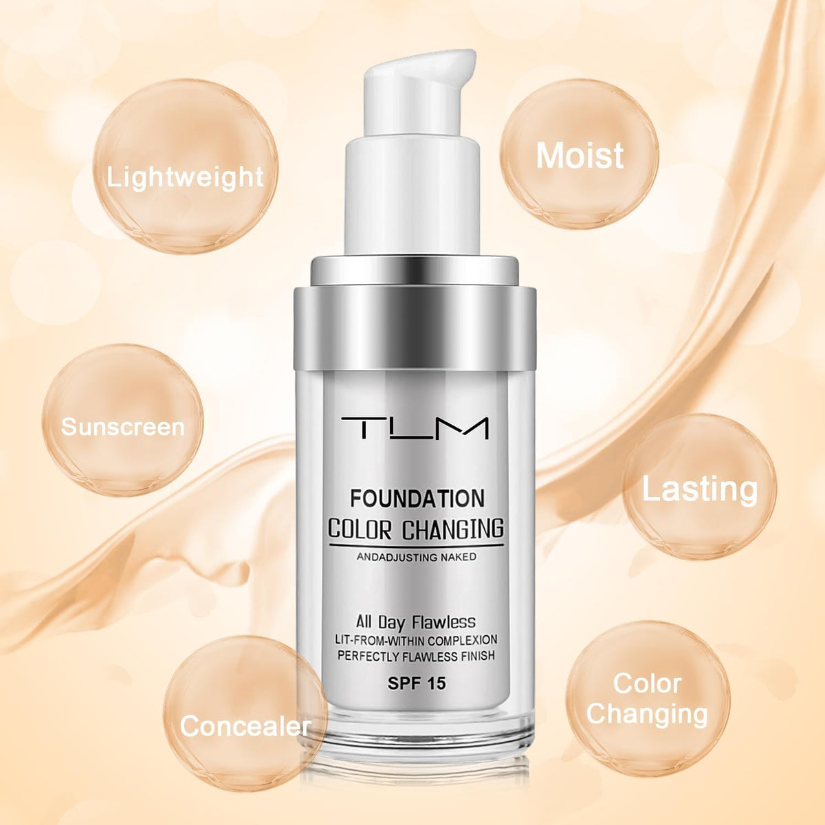 ReviGLam TLM Colour Changing Liquid Foundation Hides Wrinkles & Lines, BB Cream Makeup Base Concealer Cover Moisturizing Fluid for all Skin Tone SPF15, Pack of 1