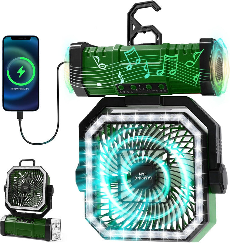 20000mAh Portable Camping Fan, Rechargeable Battery Operated Oscillating Camp Tent Fan W/Remote control, 4 Speeds, LED lights & 360Β° Rotation Hook for Outdoor RV Travel Green