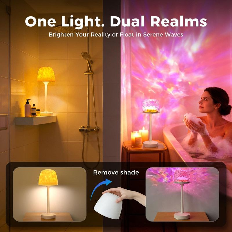 Waterproof Shower Lamp Rechargeable LED Ocean Projector Outdoor Table Lamps 16 Color Ocean Wave Projection, Remote & Touch Control, USB-C Rechargeable, Bathroom Bedroom Spa Outdoor Table Lamps