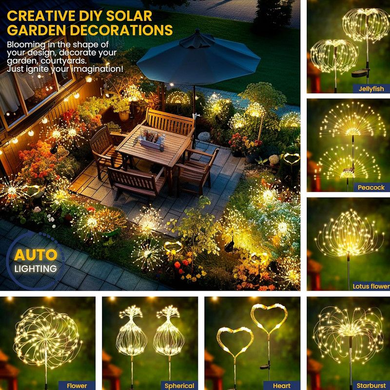 Garden Decor Outdoor Lights 120LED 4Pack, Solar Garden Lights Outside Fairy Firework Decorative,Solar Powered for Yard Pathway Flowerbed Planter Balcony Patio 4th of July Decor (Warm White