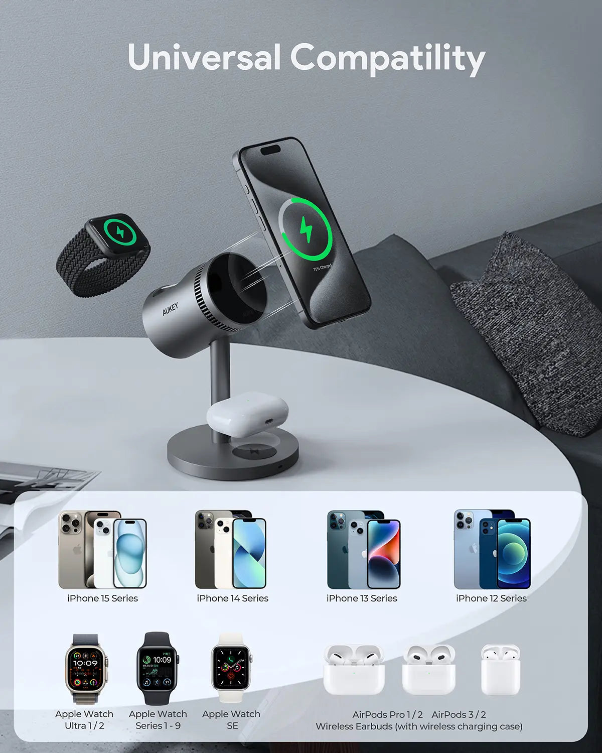 Aukey MagFusion 3-in-1 Pro Qi2 Active Cooling Wireless Charging Station