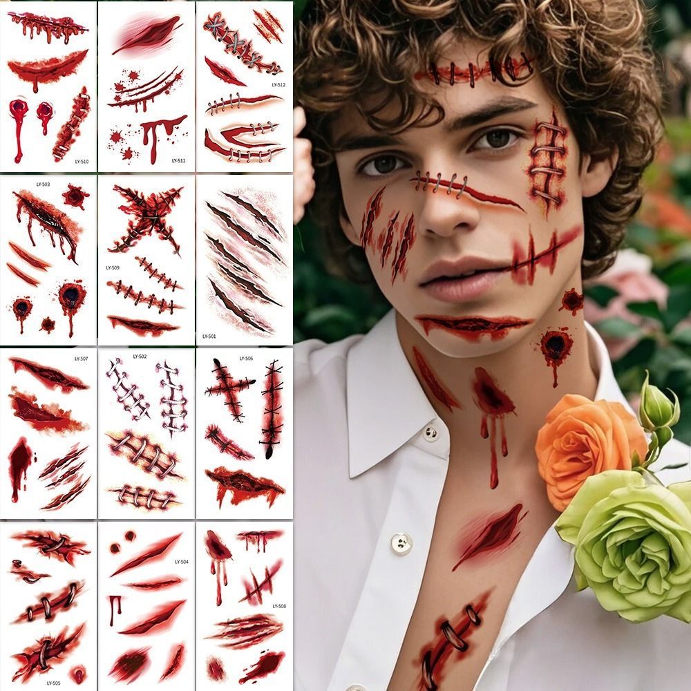 Halloween Tattoos 3D Temporary Tattoos Fake Wound Stickers Blood Wounds - Red - Size scar251-15pcs