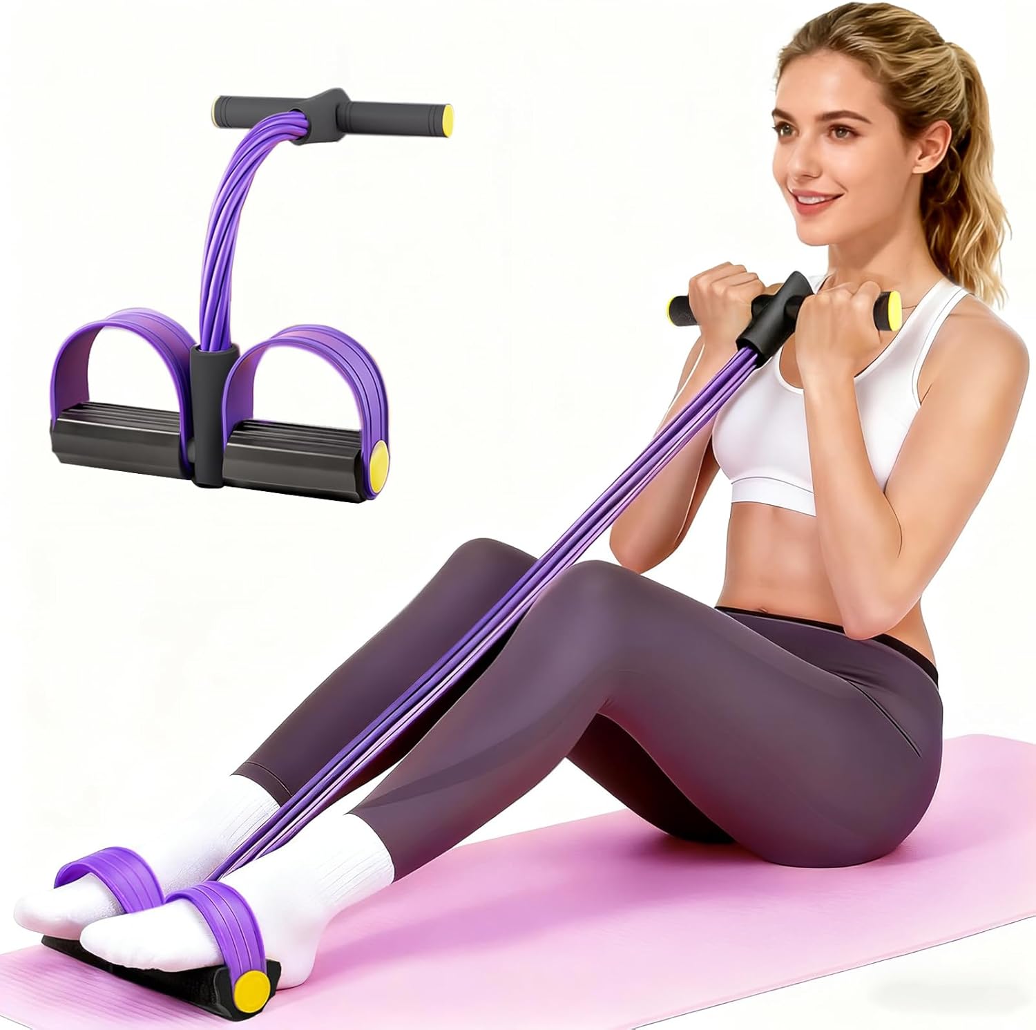 Pedal Resistance Bands with Handles, Upgrade 6-Tubes Manual Tension Training Pedal, Natural Rubber Foot Pedal Resistance Bands, Multifunction Fitness Bands for Abdomen, Waist, Arm, Leg(Purple)