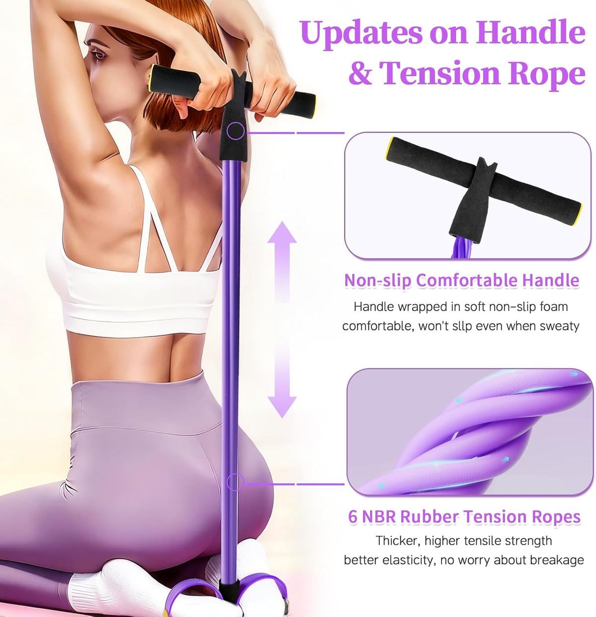 Pedal Resistance Bands with Handles, Upgrade 6-Tubes Manual Tension Training Pedal, Natural Rubber Foot Pedal Resistance Bands, Multifunction Fitness Bands for Abdomen, Waist, Arm, Leg(Purple)