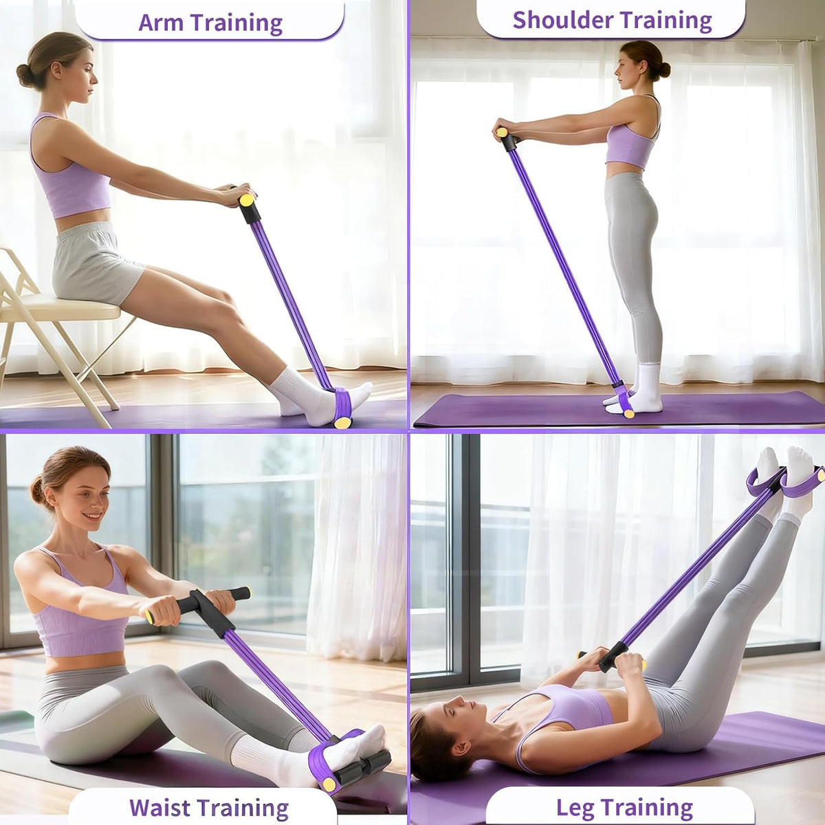 Pedal Resistance Bands with Handles, Upgrade 6-Tubes Manual Tension Training Pedal, Natural Rubber Foot Pedal Resistance Bands, Multifunction Fitness Bands for Abdomen, Waist, Arm, Leg(Purple)